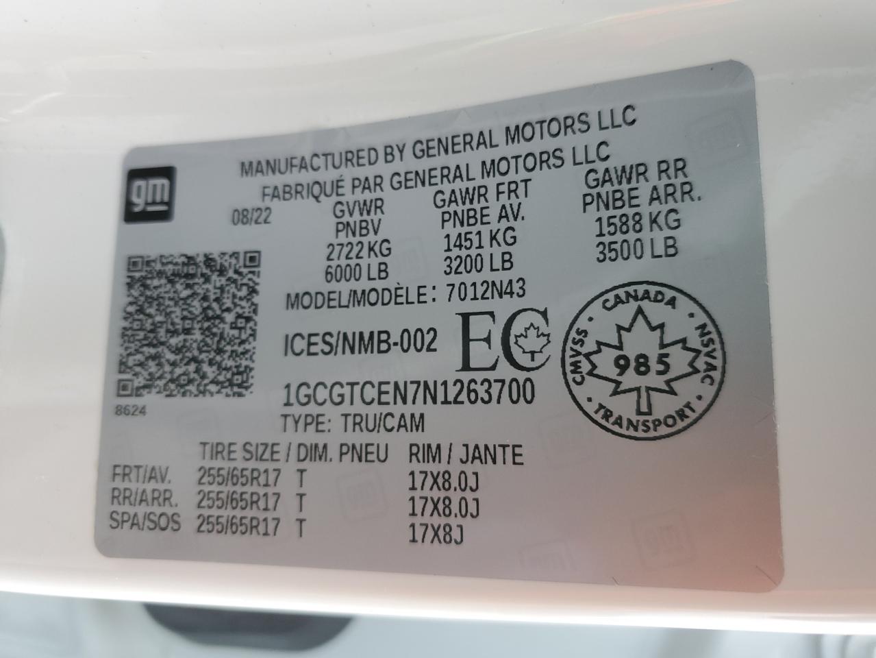 2022 CHEVROLET COLORADO LT VIN:1GCGTCEN7N1263700