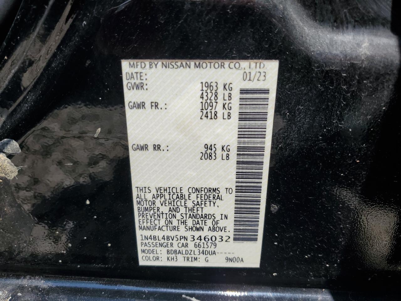 2023 NISSAN ALTIMA S VIN:1N4BL4BV5PN346032