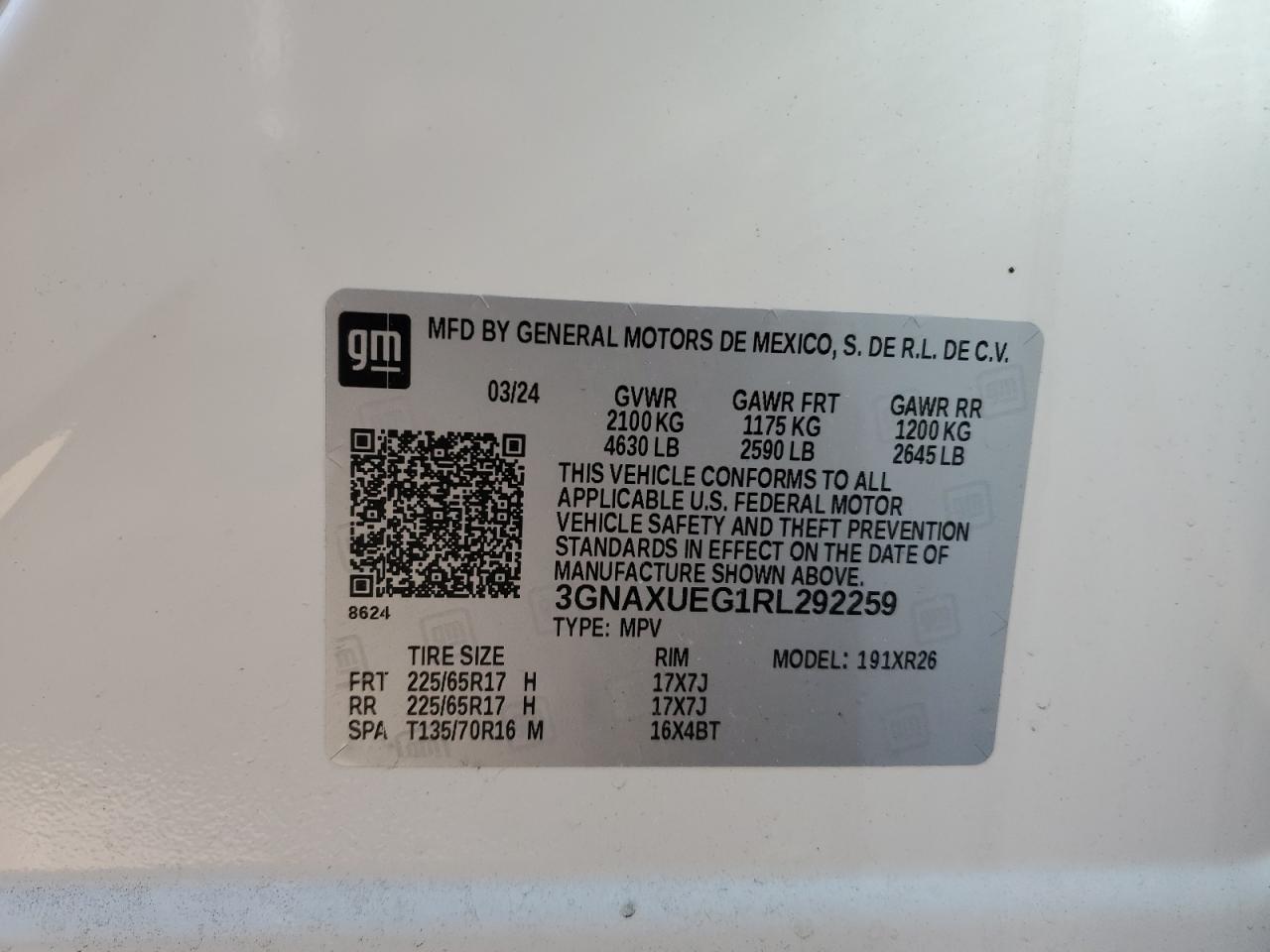 2024 CHEVROLET EQUINOX LT VIN:3GNAXUEG1RL292259