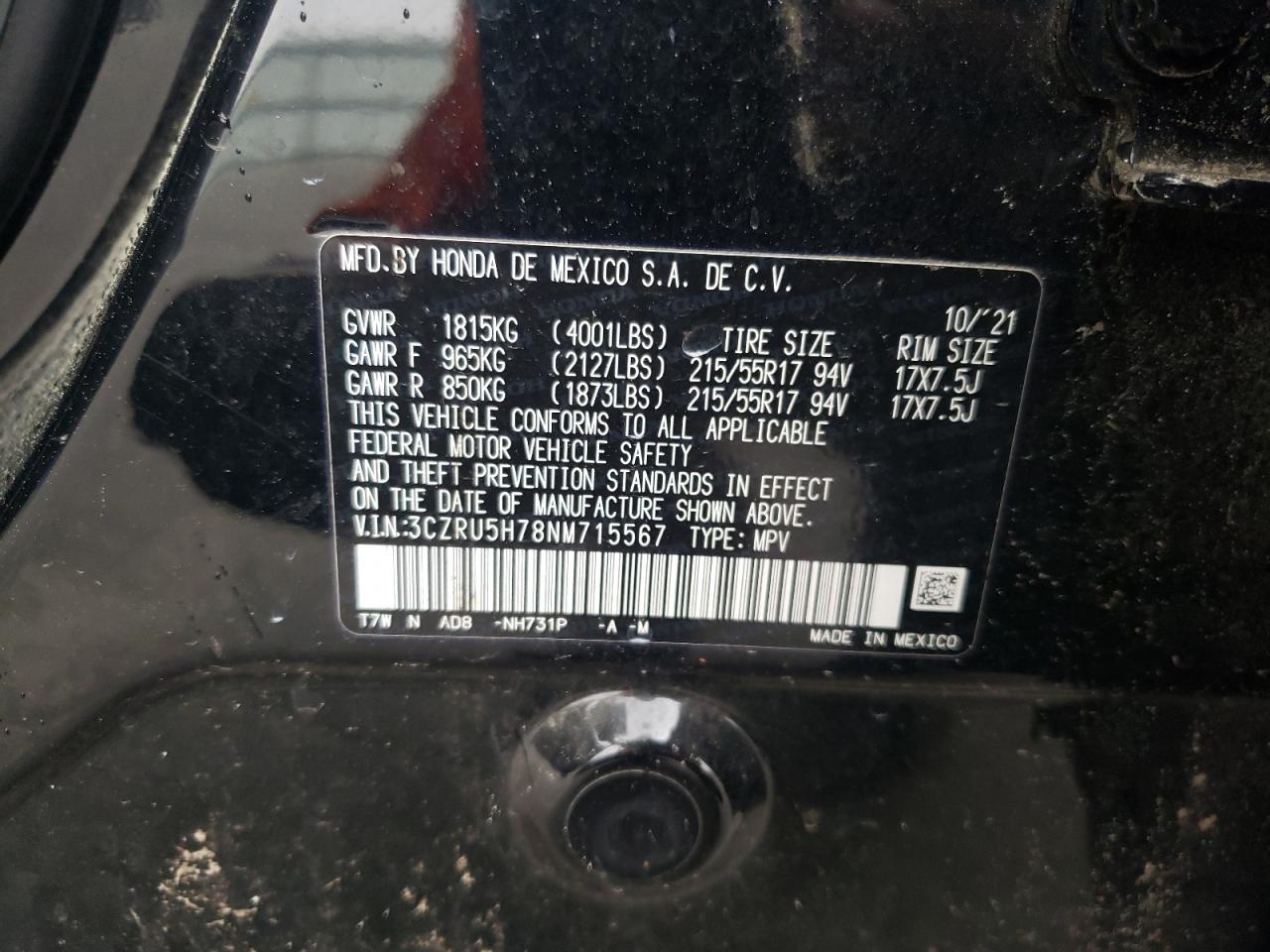 2022 HONDA HR-V EXL VIN:3CZRU5H78NM715567