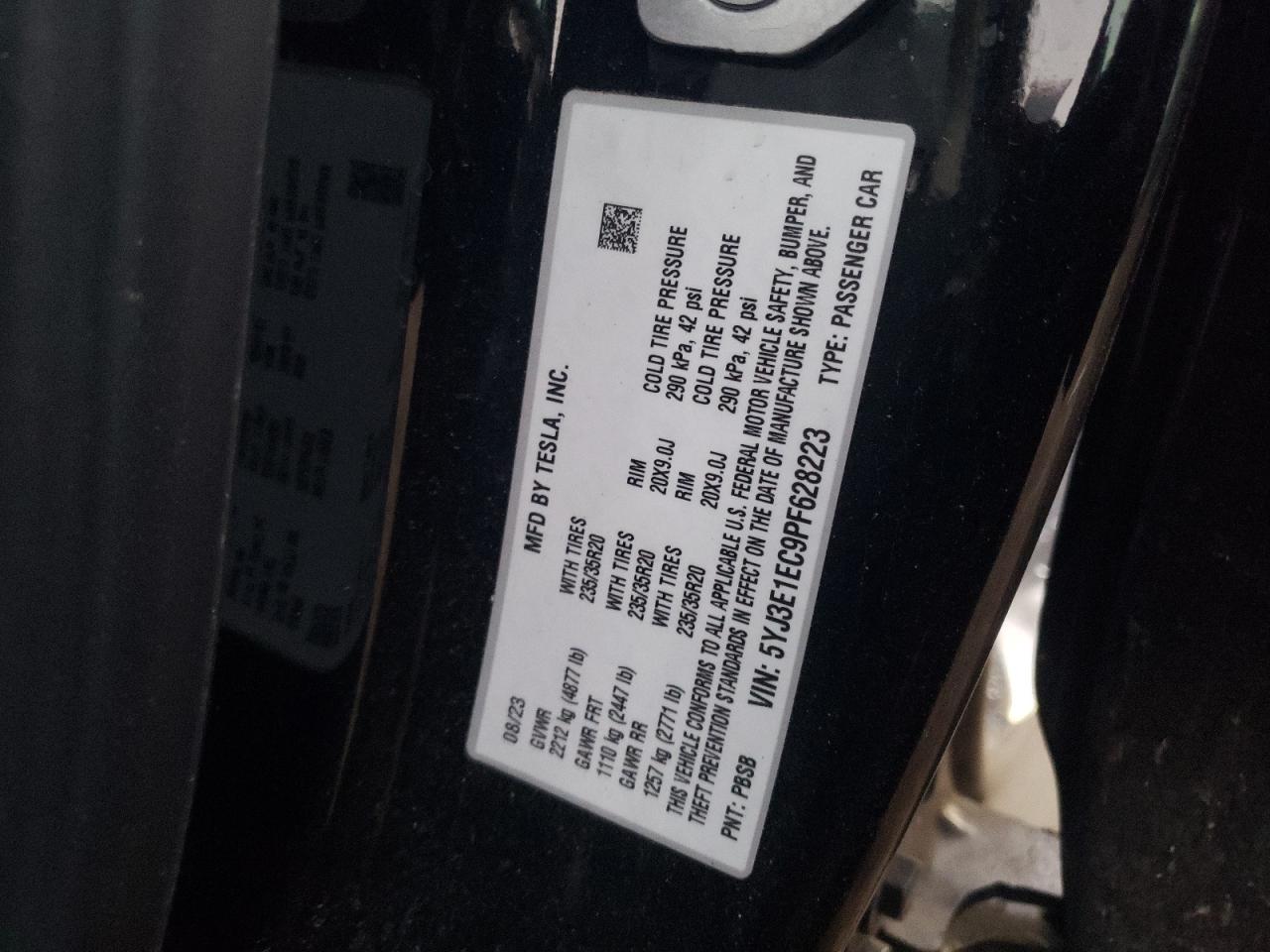 2023 TESLA MODEL 3 VIN:5YJ3E1EC9PF628223
