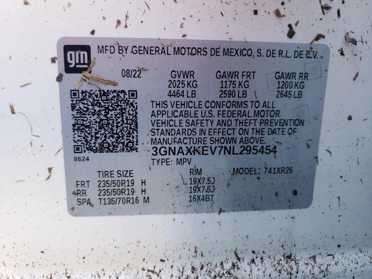 2022 CHEVROLET EQUINOX LT VIN:3GNAXKEV7NL295454