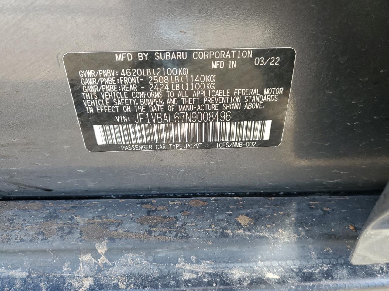 2022 SUBARU WRX LIMITED VIN:JF1VBAL67N9008496