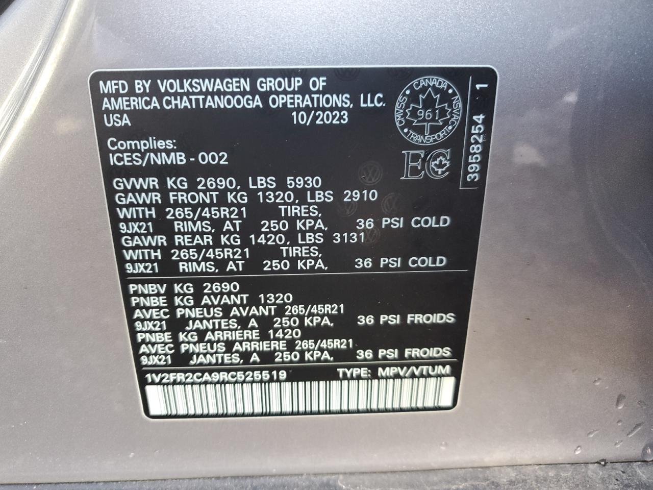 2024 VOLKSWAGEN ATLAS SEL PREMIUM R-LINE VIN:1V2FR2CA9RC525519
