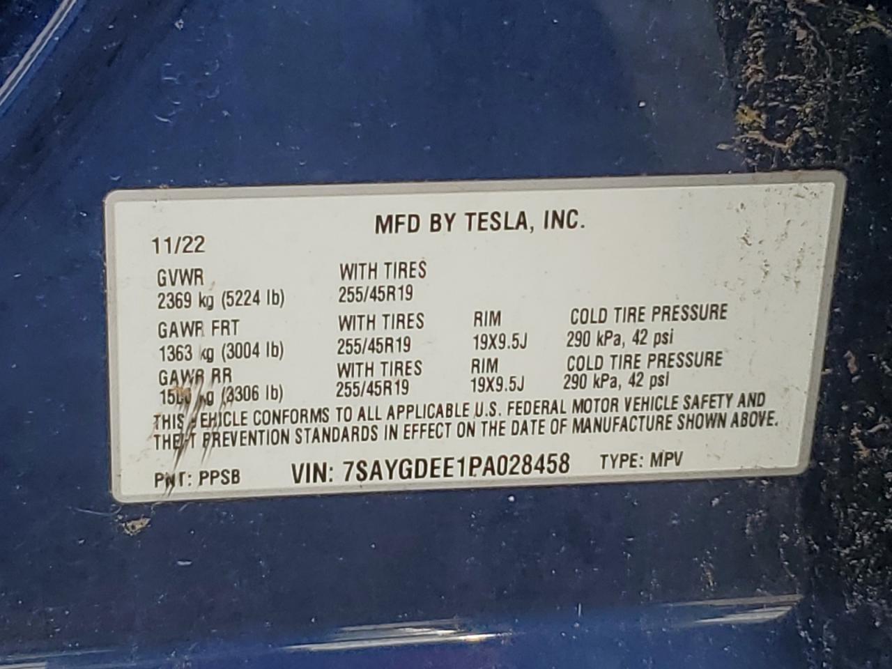 2023 TESLA MODEL Y VIN:7SAYGDEE1PA028458
