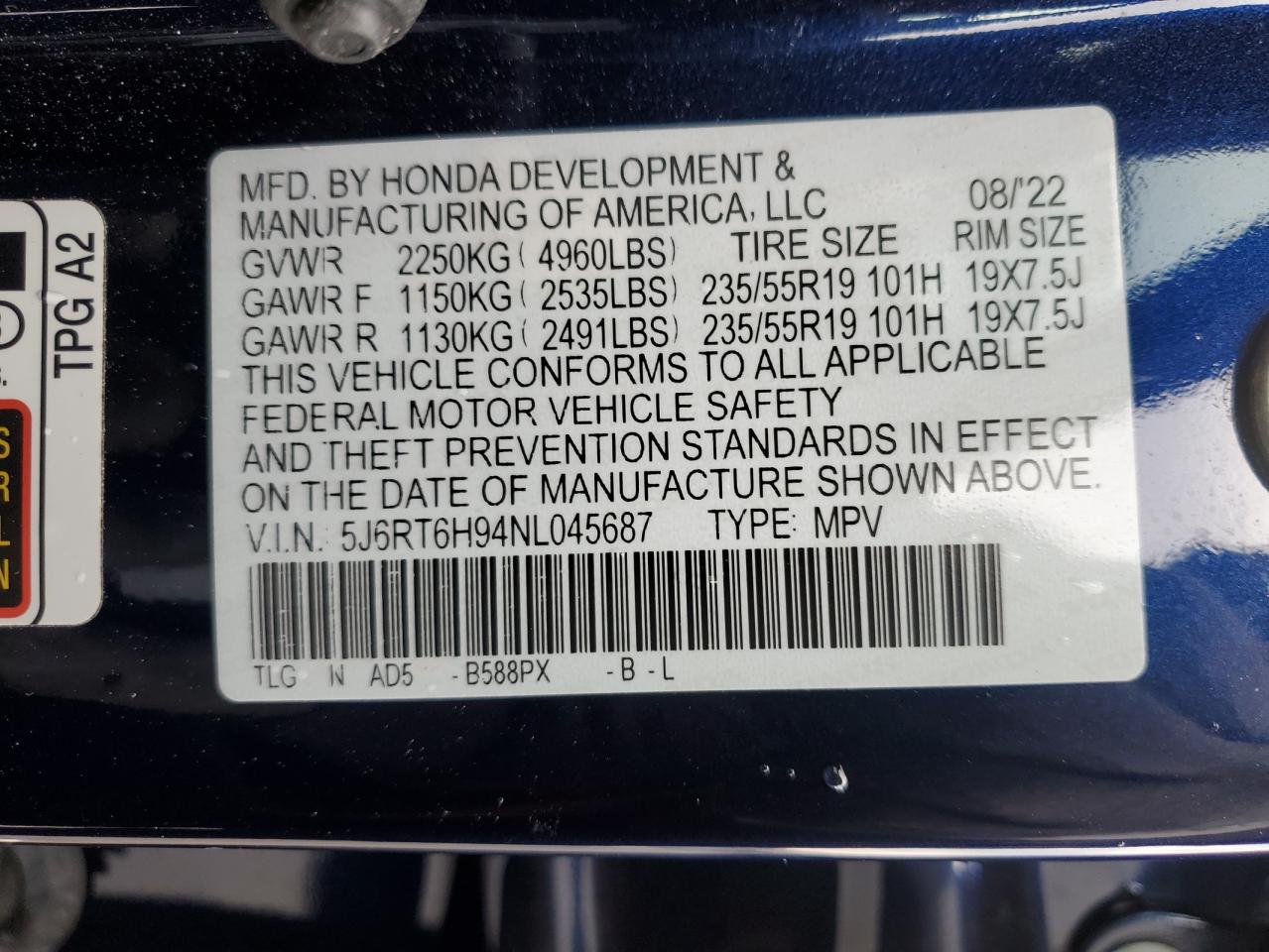 2022 HONDA CR-V TOURING VIN:5J6RT6H94NL045687