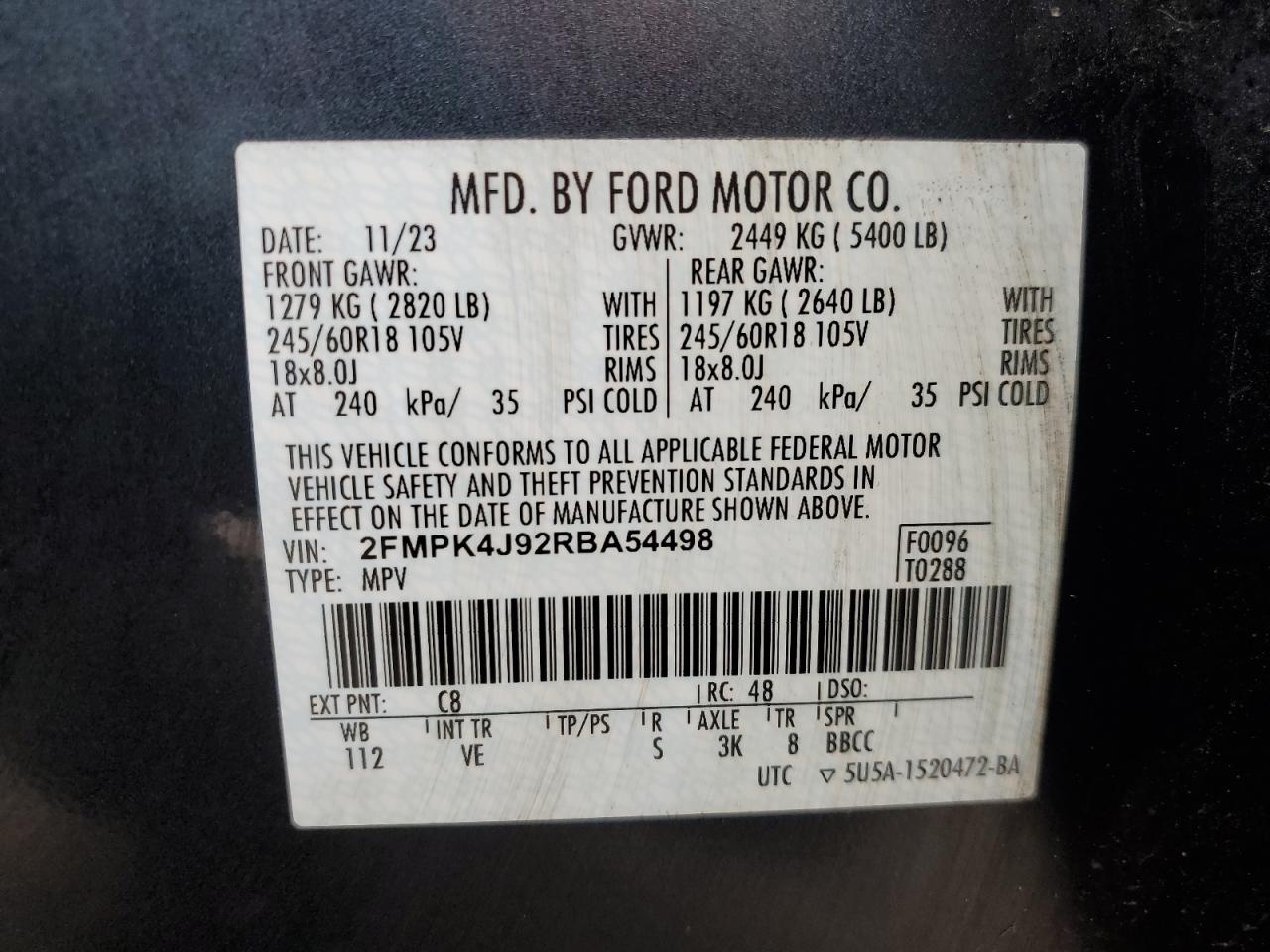 2024 FORD EDGE SEL VIN:2FMPK4J92RBA54498
