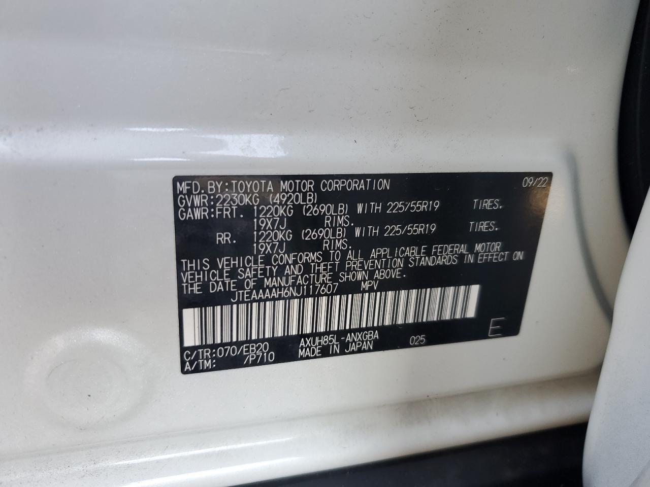 2022 TOYOTA VENZA LE VIN:JTEAAAAH6NJ117607