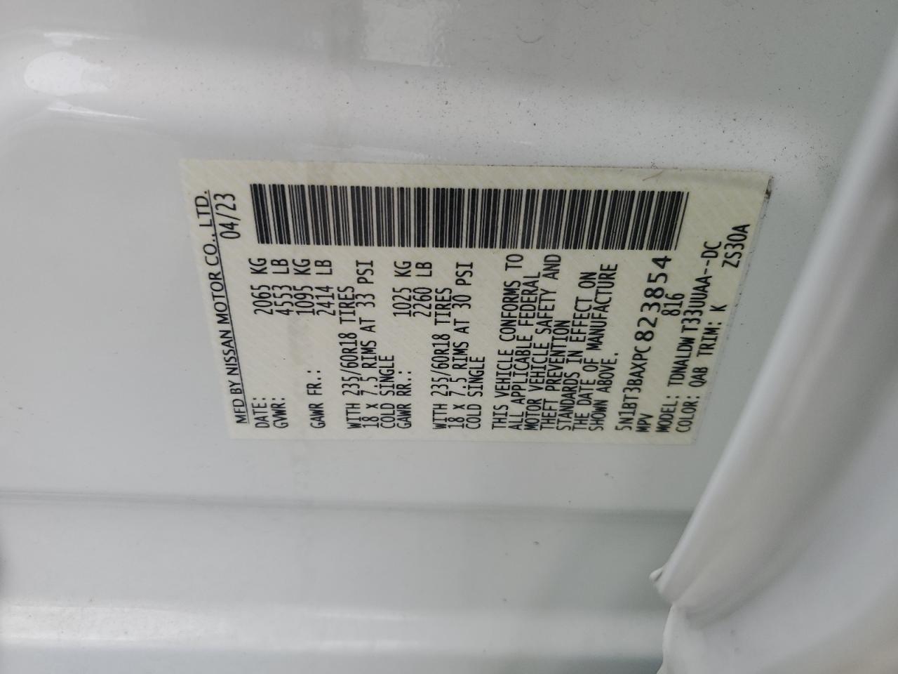 2023 NISSAN ROGUE SV VIN:5N1BT3BAXPC823854