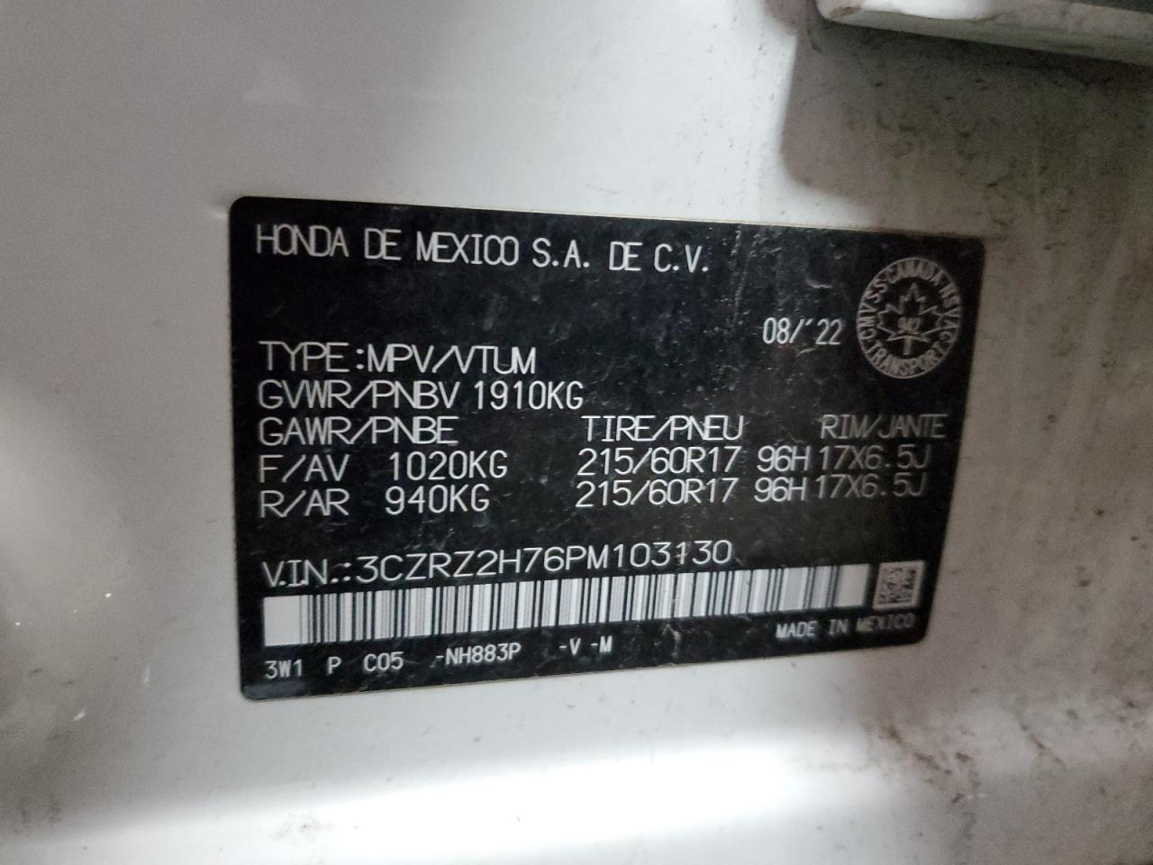 2023 HONDA HR-V EXL VIN:3CZRZ2H76PM103130