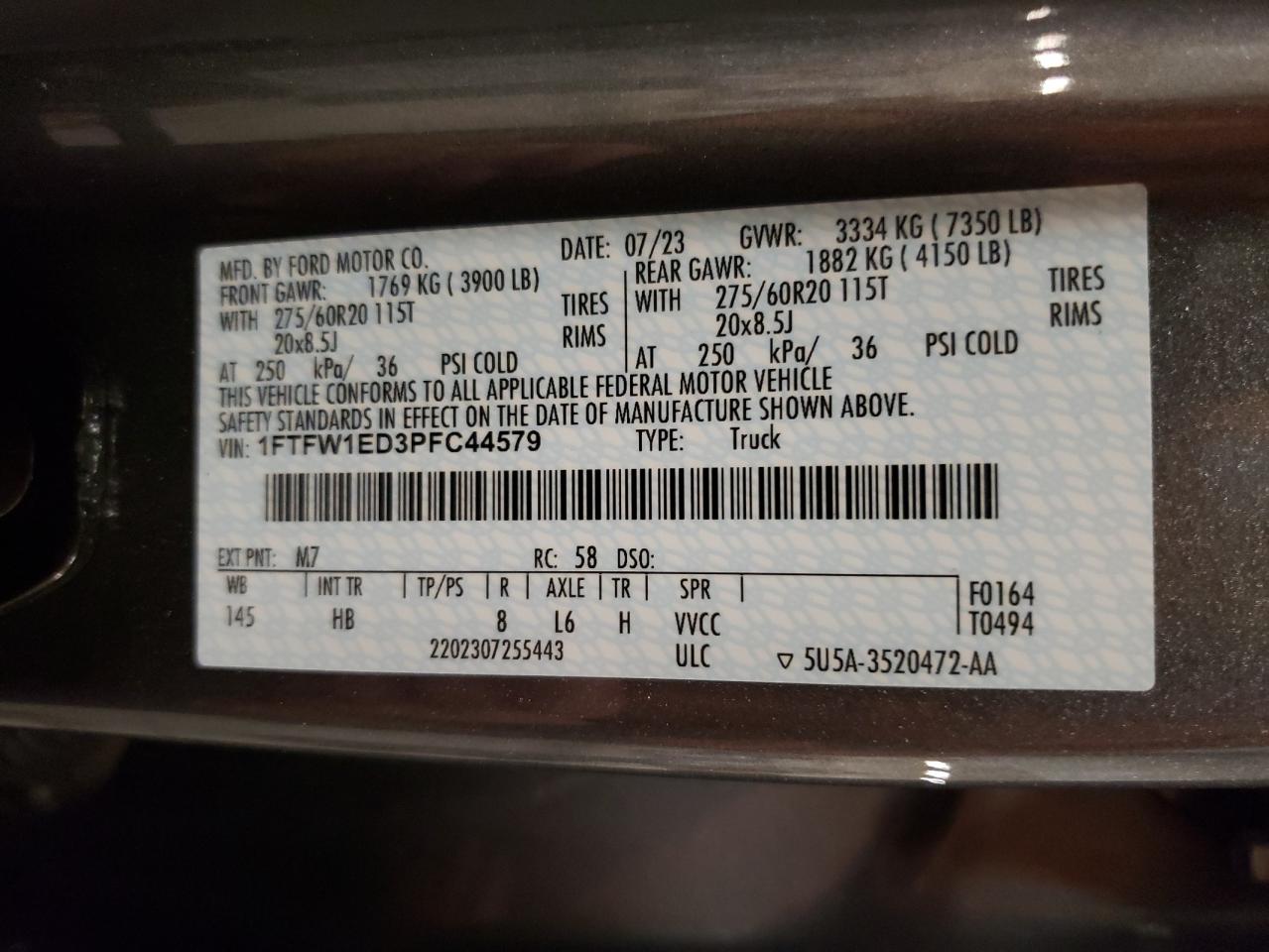 2023 FORD F150 SUPERCREW VIN:1FTFW1ED3PFC44579