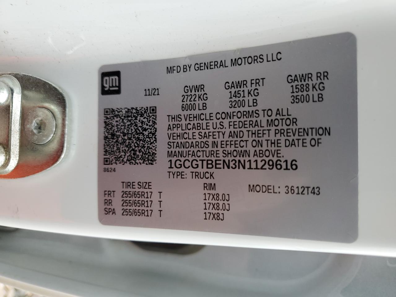 2022 CHEVROLET COLORADO VIN:1GCGTBEN3N1129616
