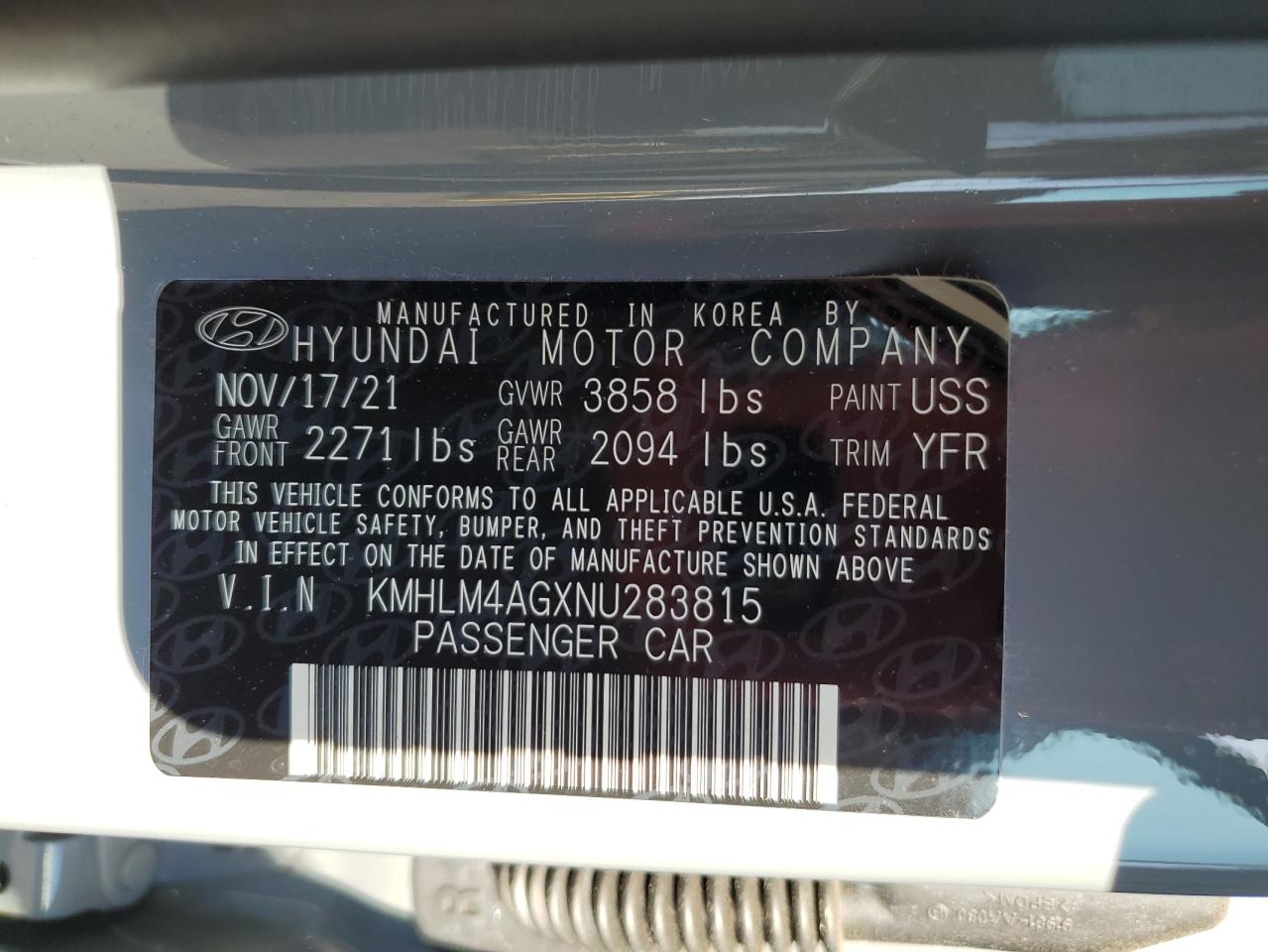 2022 HYUNDAI ELANTRA SEL VIN:KMHLM4AGXNU283815