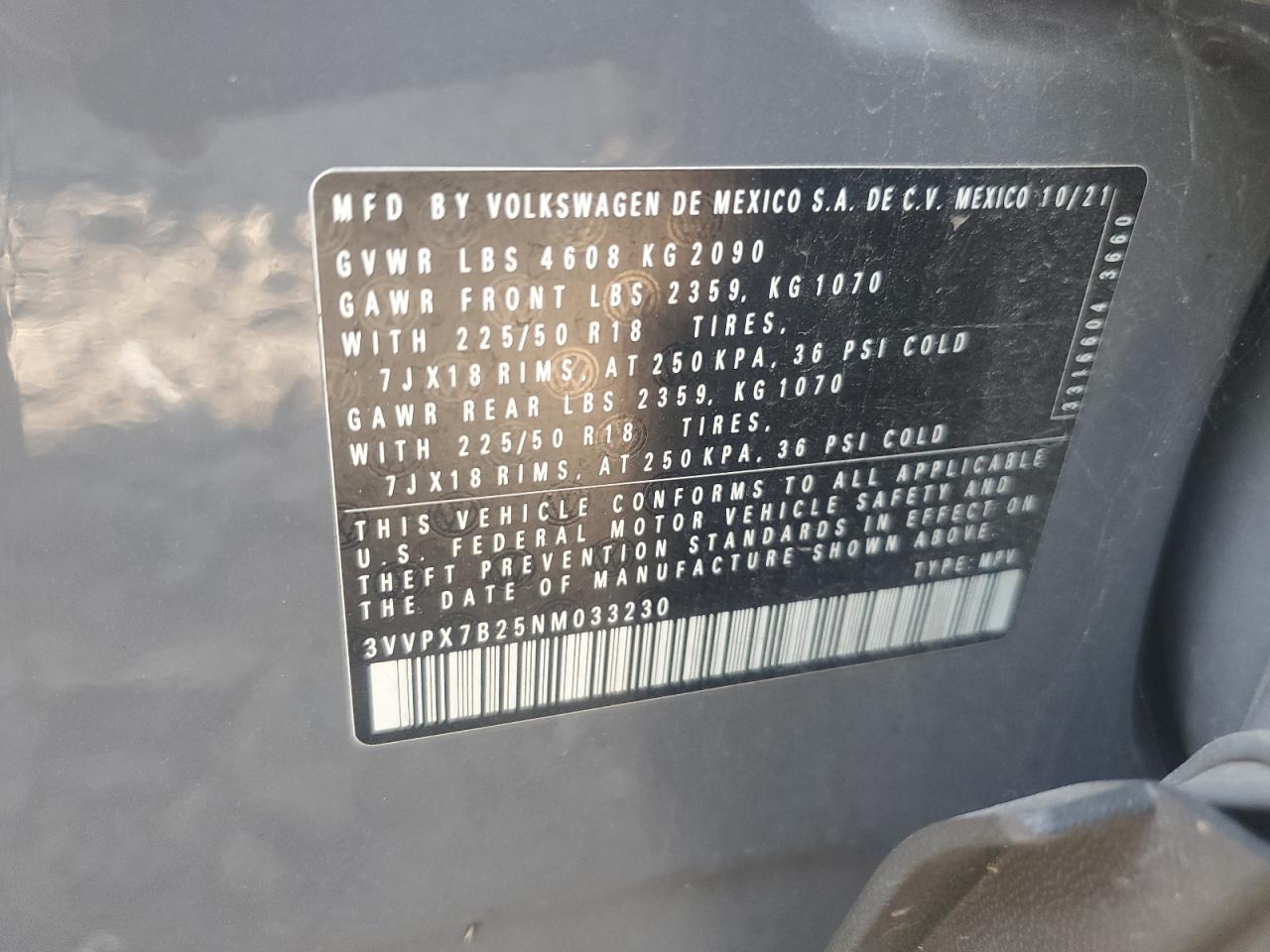 2022 VOLKSWAGEN TAOS SE IQ DRIVE VIN:3VVPX7B25NM033230