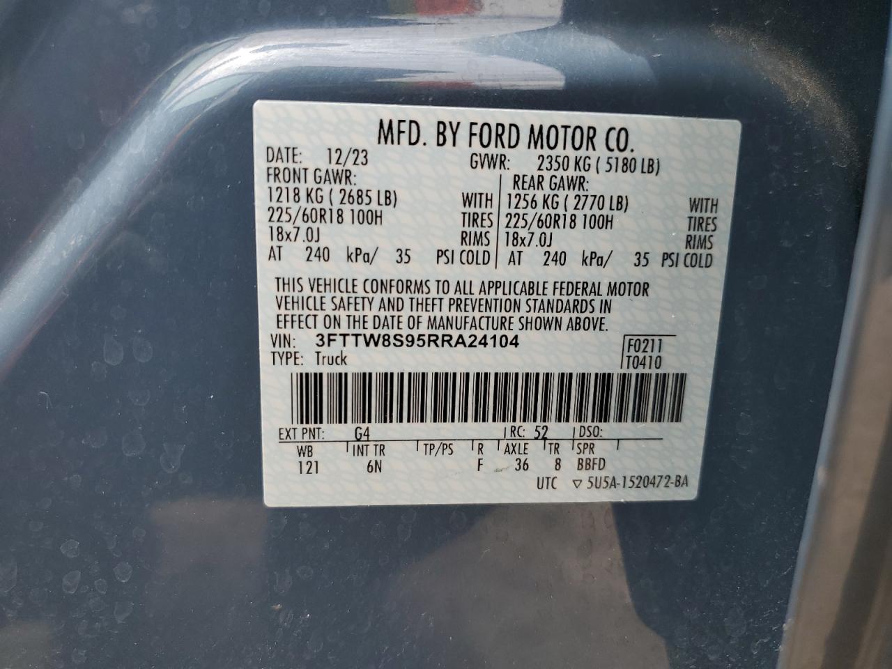 2024 FORD MAVERICK LARIAT VIN:3FTTW8S95RRA24104