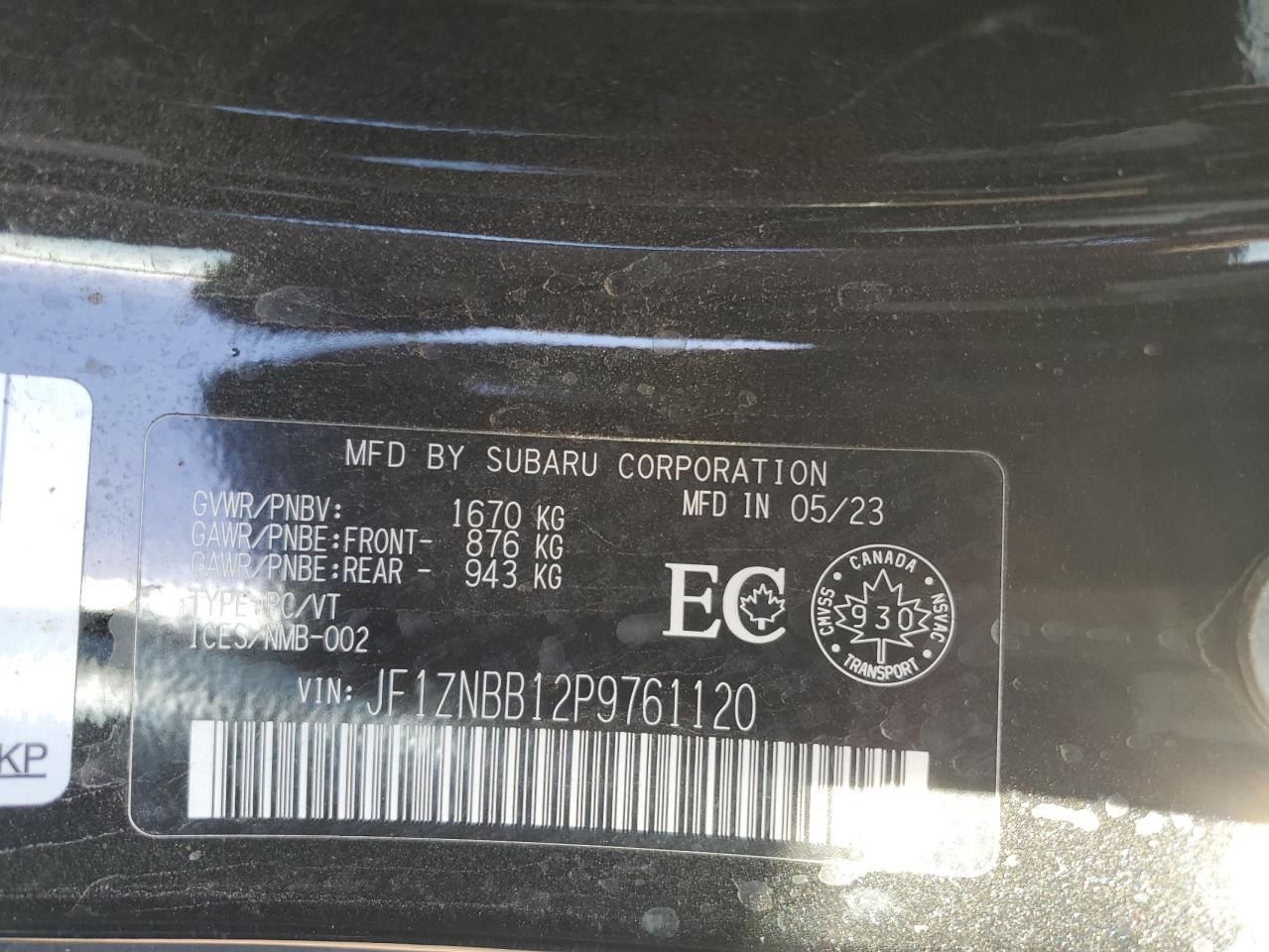 2023 TOYOTA GR 86 VIN:JF1ZNBB12P9761120