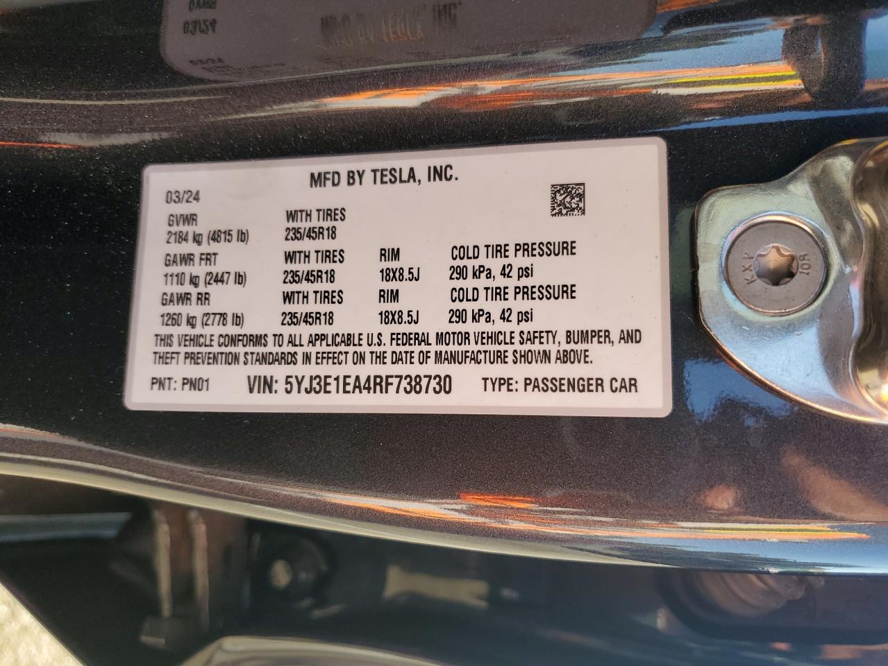 2024 TESLA MODEL 3 VIN:5YJ3E1EA4RF738730