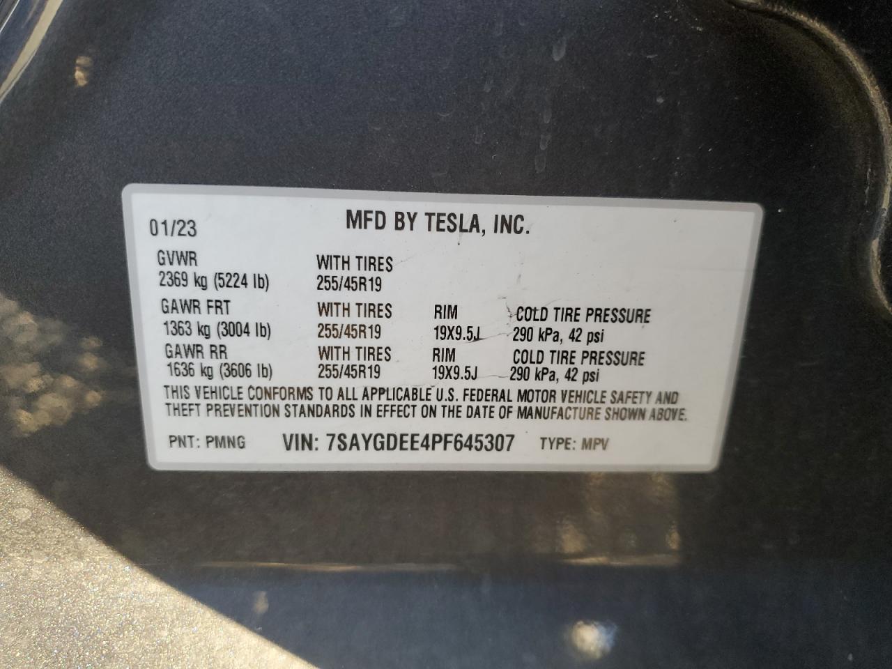 2023 TESLA MODEL Y VIN:7SAYGDEE4PF645307