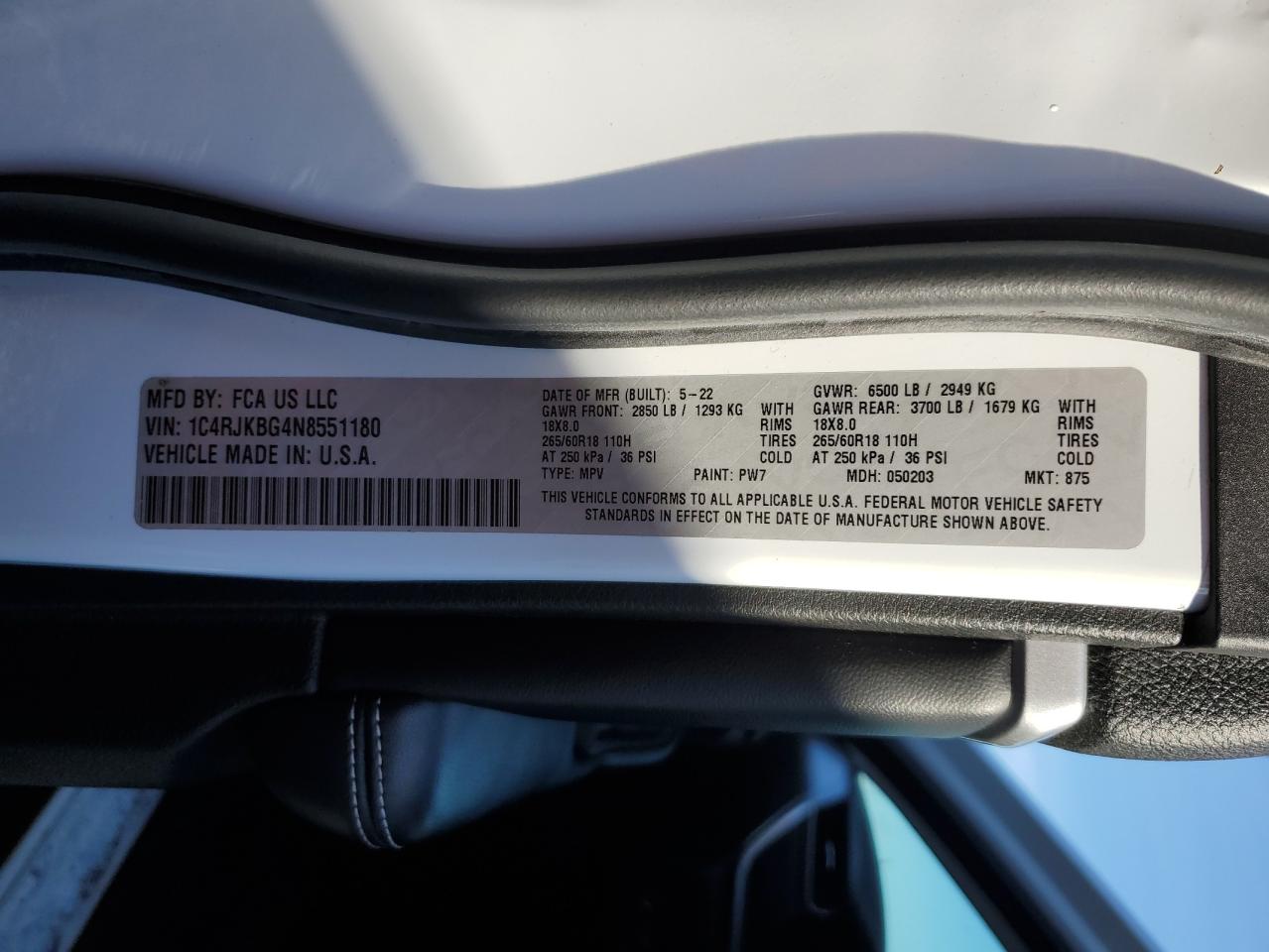 2022 JEEP GRAND CHEROKEE L LIMITED VIN:1C4RJKBG4N8551180
