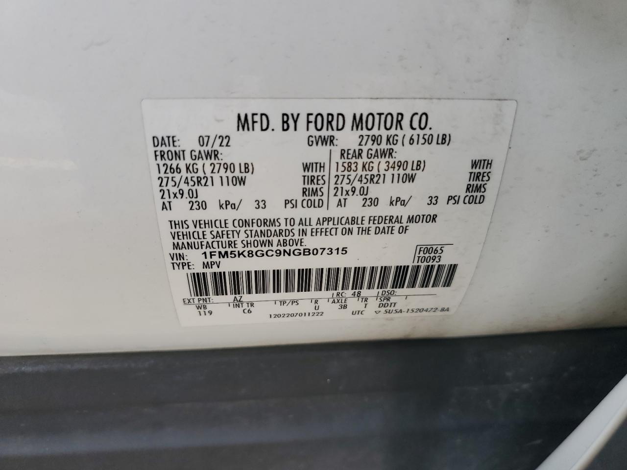 2022 FORD EXPLORER ST VIN:1FM5K8GC9NGB07315