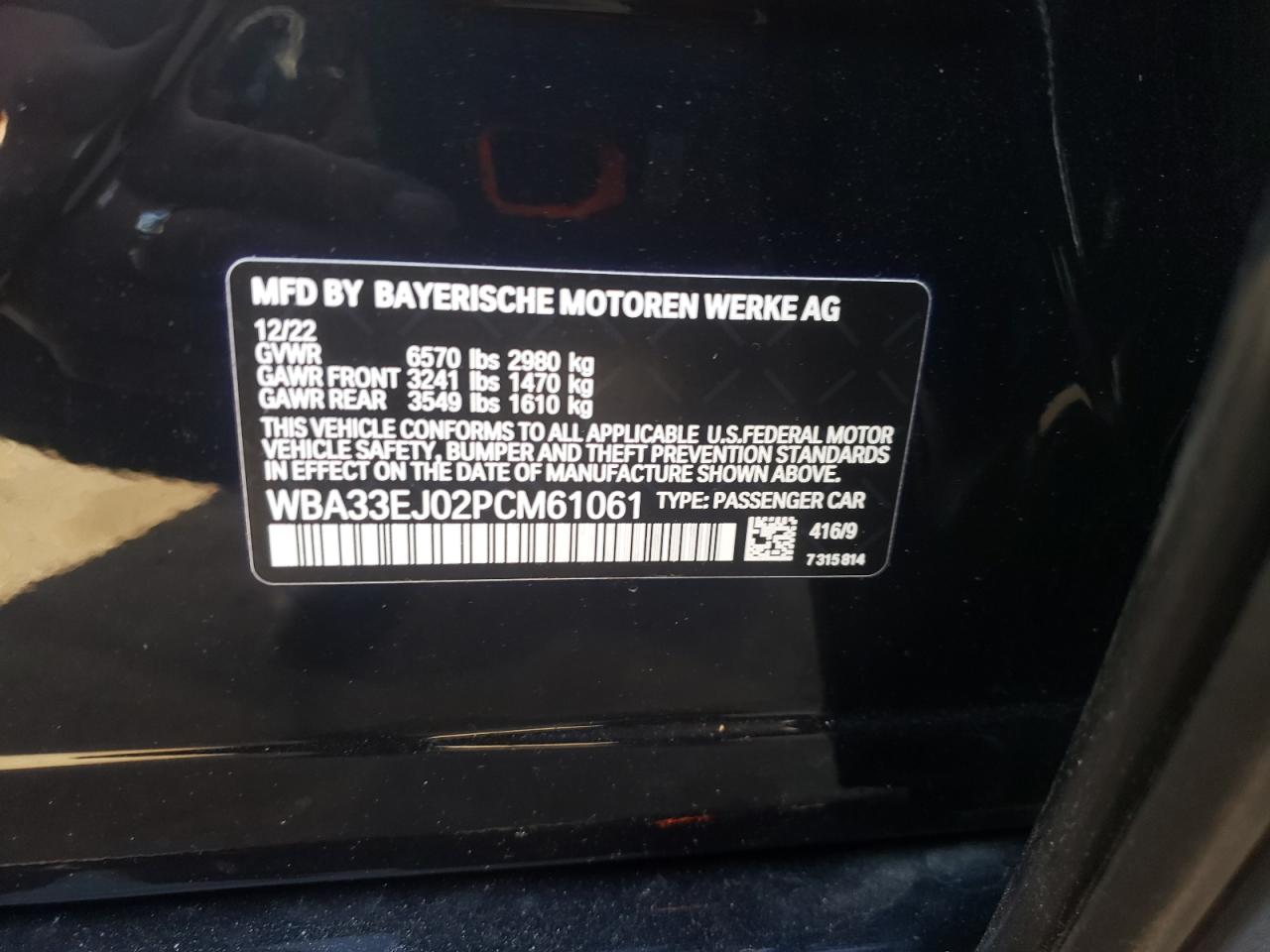 2023 BMW 760 XI VIN:WBA33EJ02PCM61061