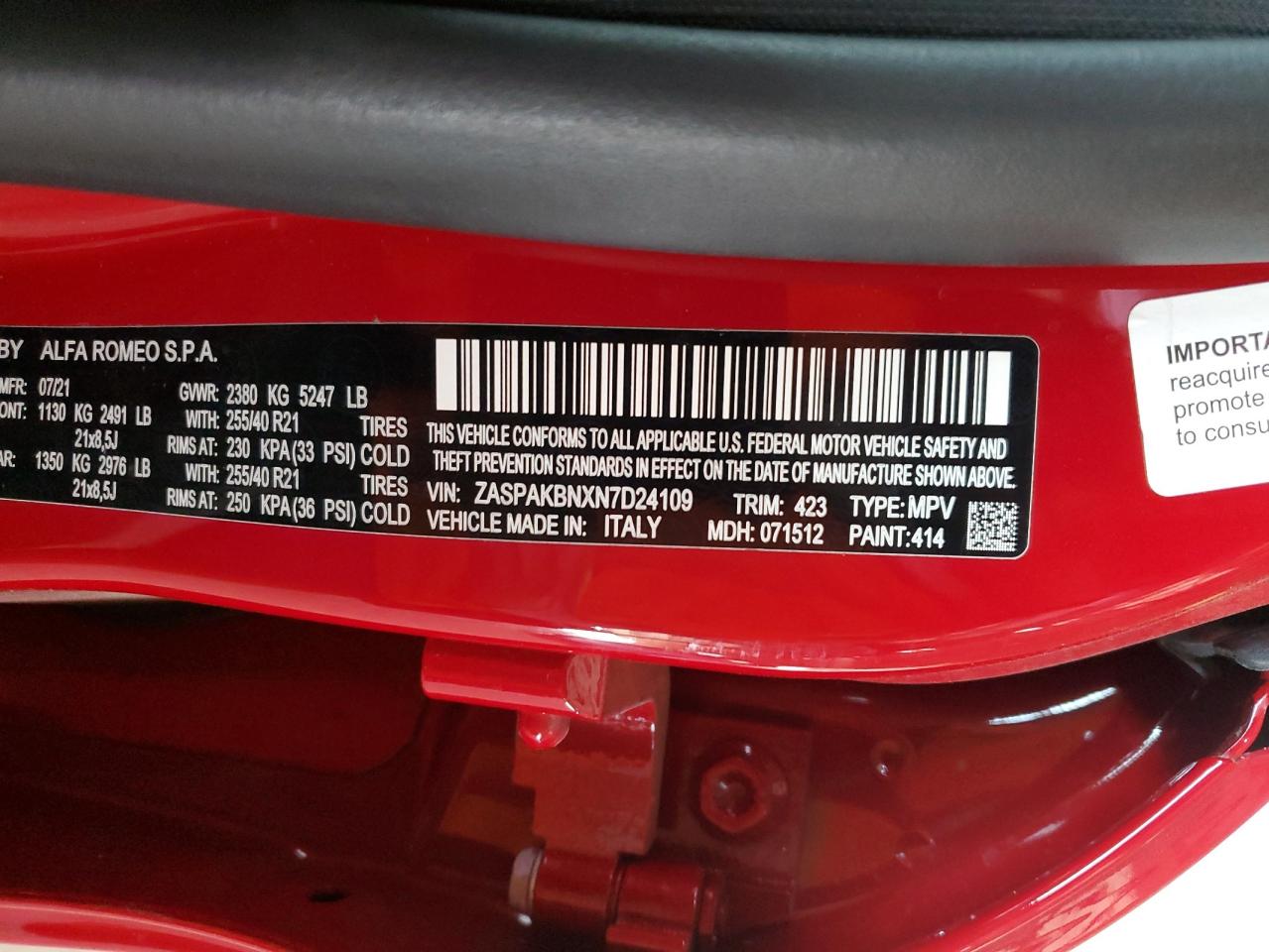 2022 ALFA ROMEO STELVIO TI VIN:ZASPAKBNXN7D24109