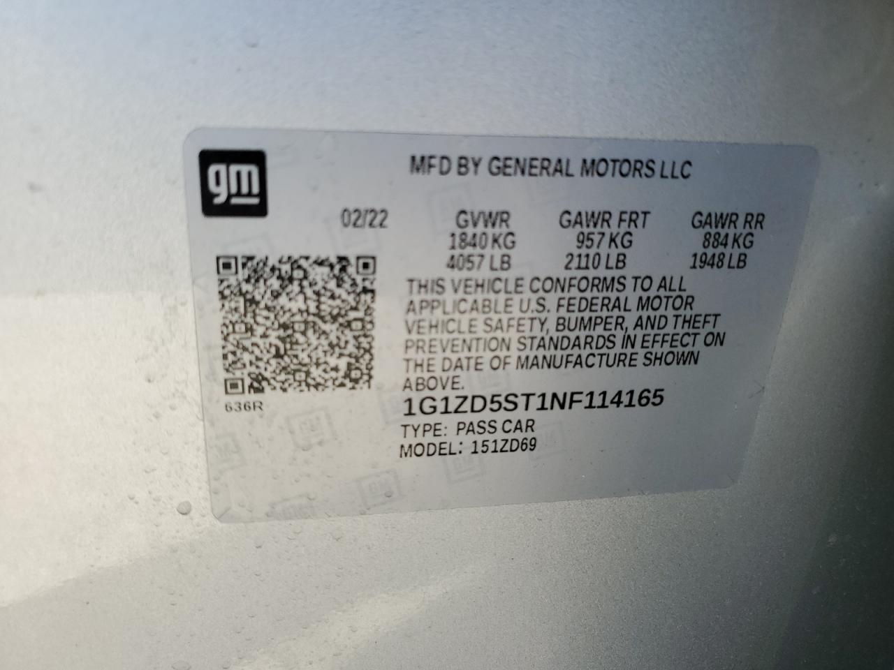 2022 CHEVROLET MALIBU LT VIN:1G1ZD5ST1NF114165