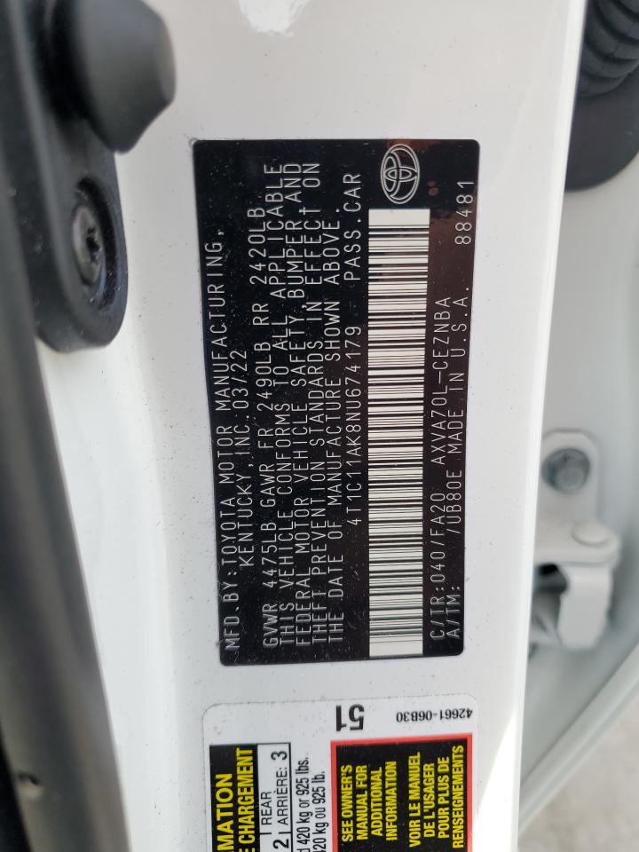 2022 TOYOTA CAMRY LE VIN:4T1C11AK8NU674179