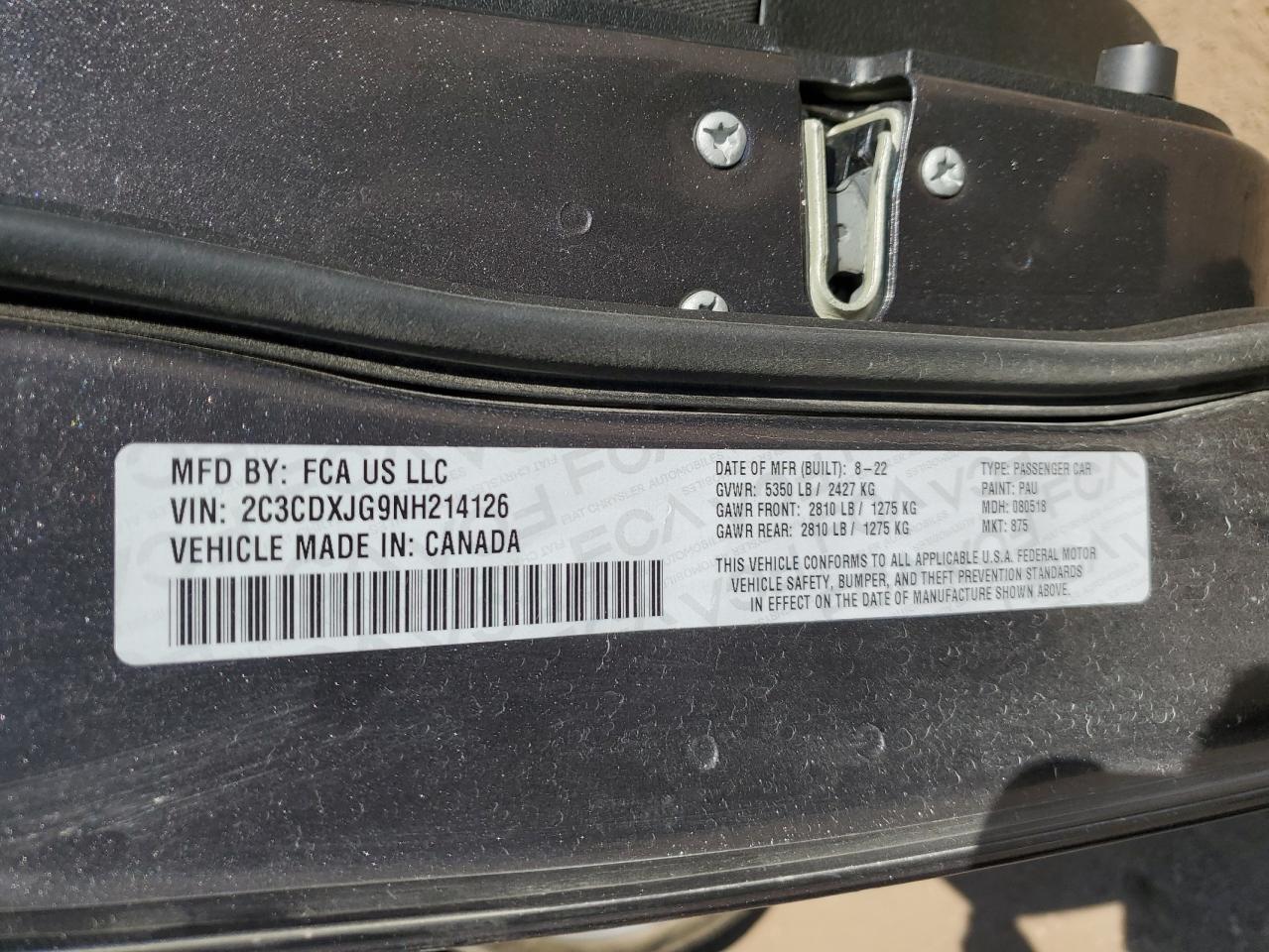 2022 DODGE CHARGER SXT VIN:2C3CDXJG9NH214126