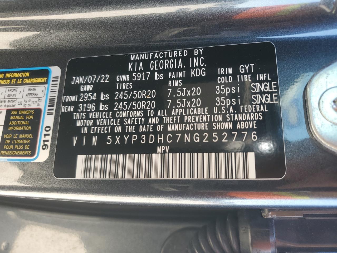 2022 KIA TELLURIDE EX VIN:5XYP3DHC7NG252776