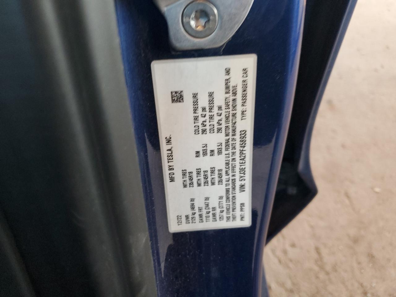 2023 TESLA MODEL 3 VIN:5YJ3E1EA2PF458933