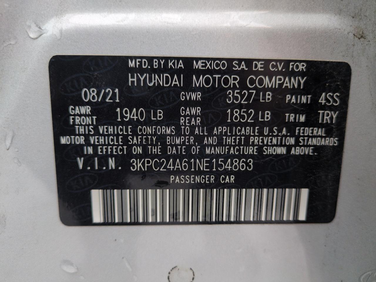 2022 HYUNDAI ACCENT SE VIN:3KPC24A61NE154863