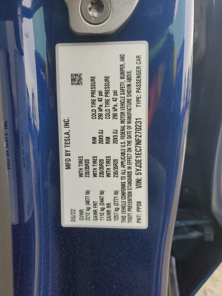 2022 TESLA MODEL 3 VIN:5YJ3E1EC7NF270231
