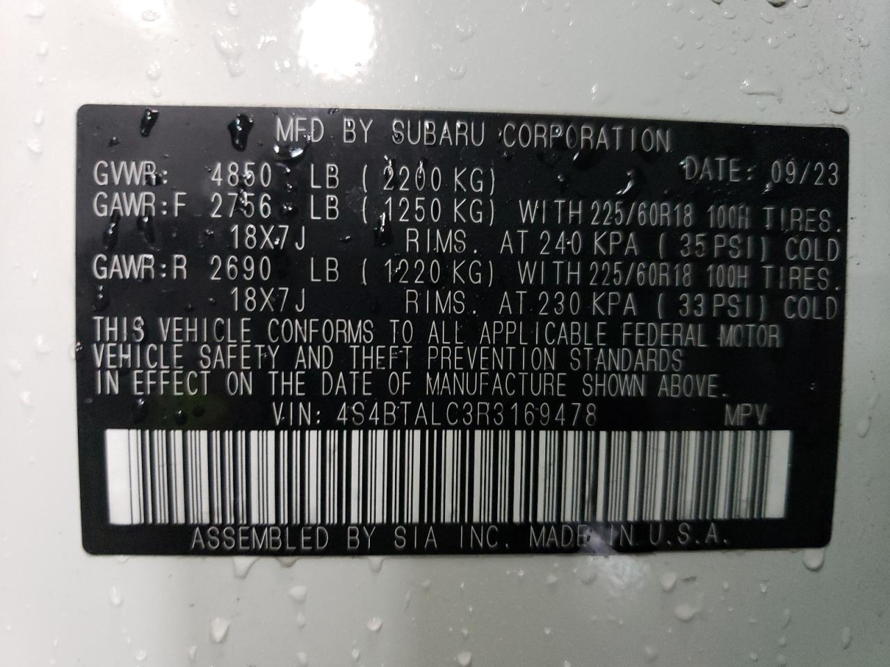 2024 SUBARU OUTBACK ONYX EDITION VIN:4S4BTALC3R3169478