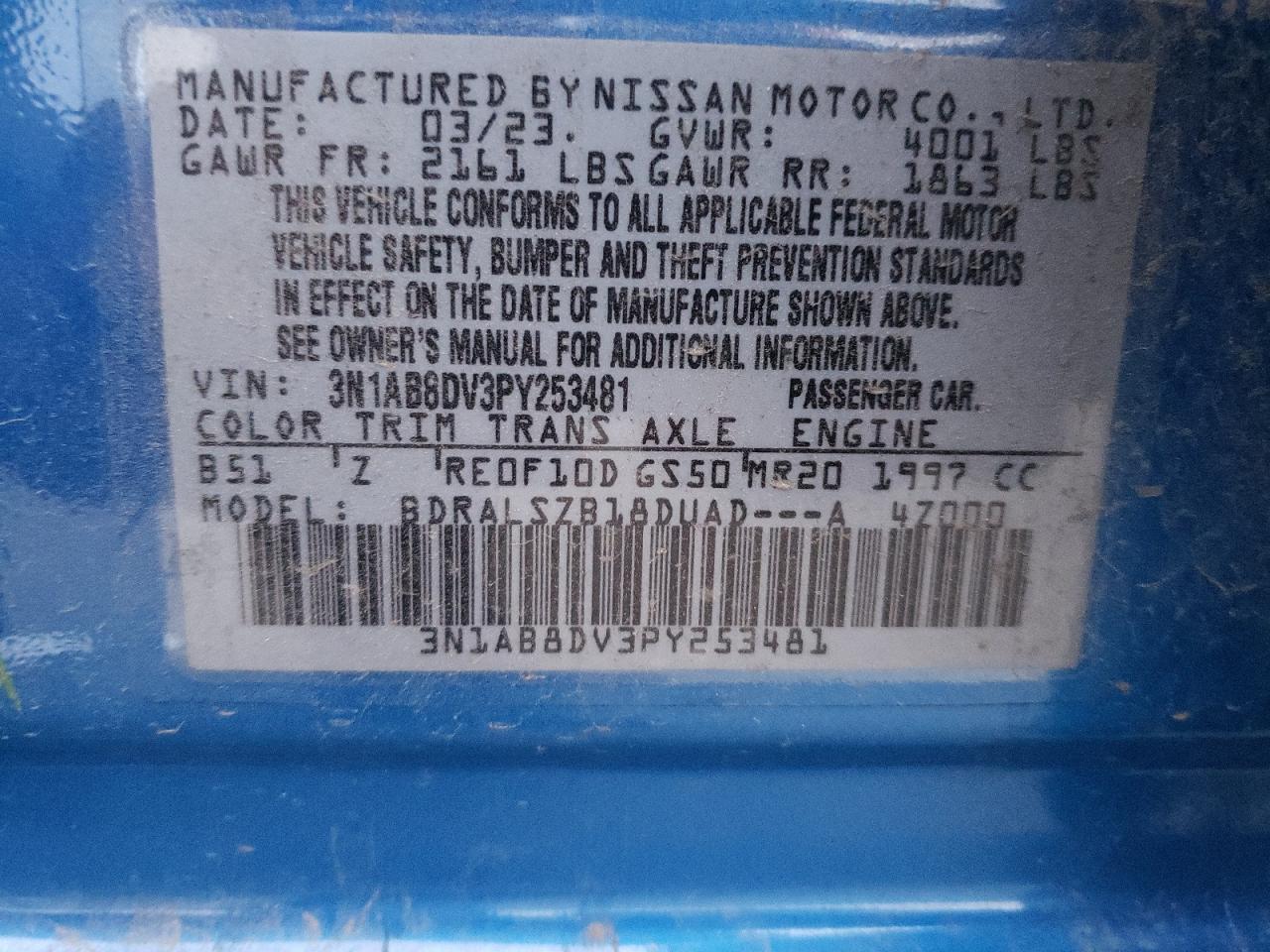 2023 NISSAN SENTRA SR VIN:3N1AB8DV3PY253481