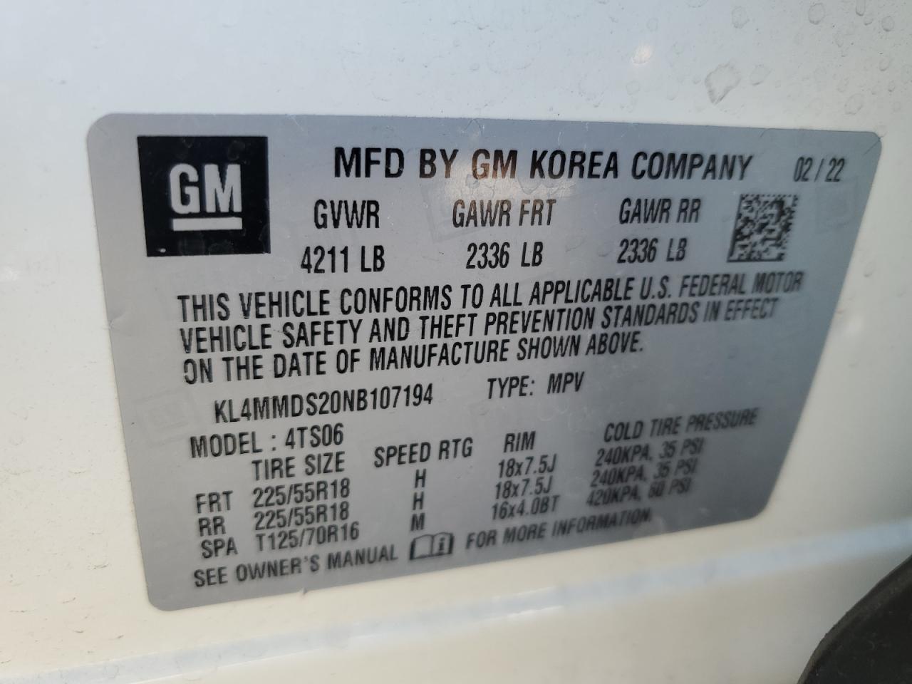 2022 BUICK ENCORE GX SELECT VIN:KL4MMDS20NB107194