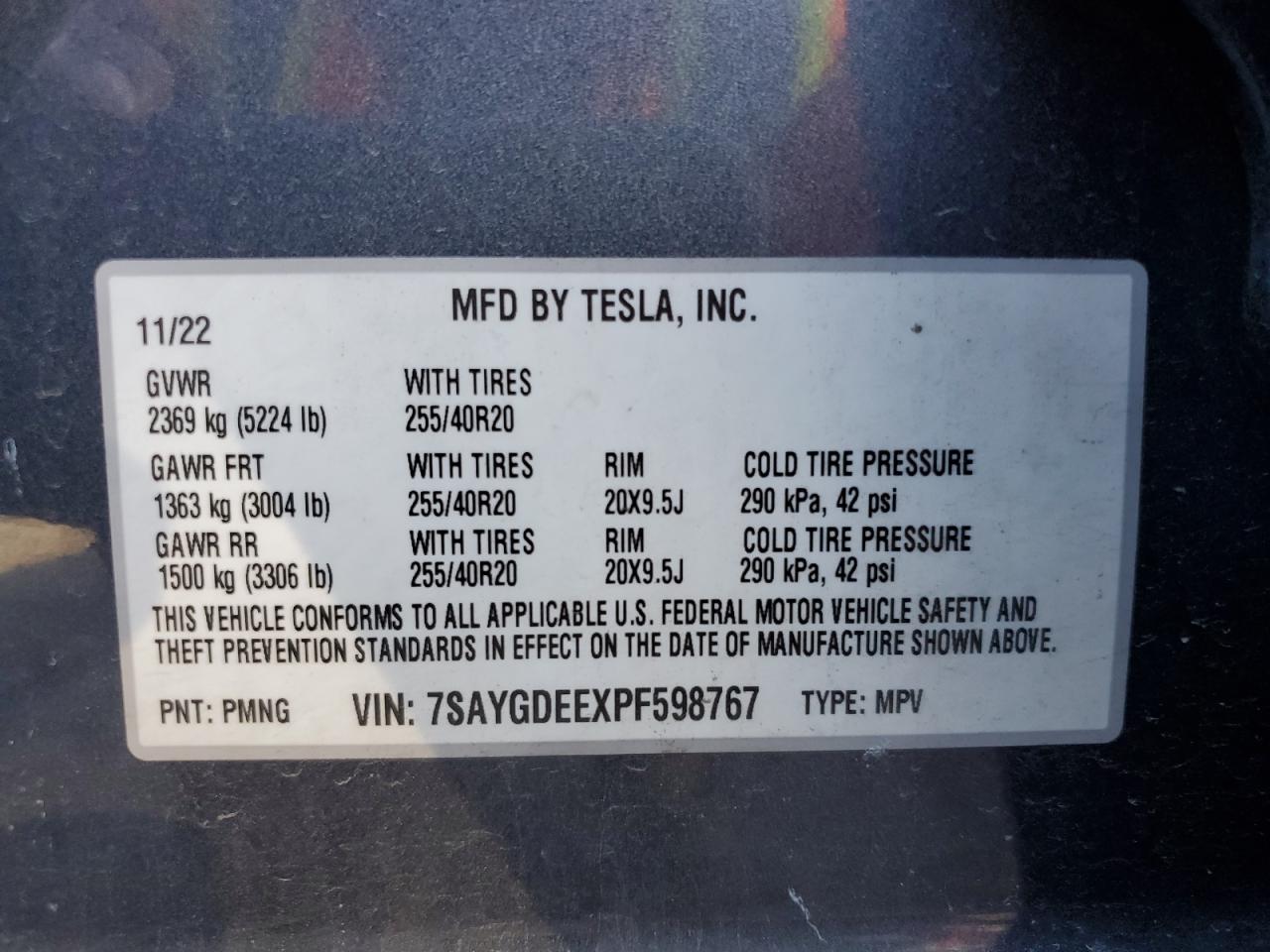 2023 TESLA MODEL Y VIN:7SAYGDEEXPF598767