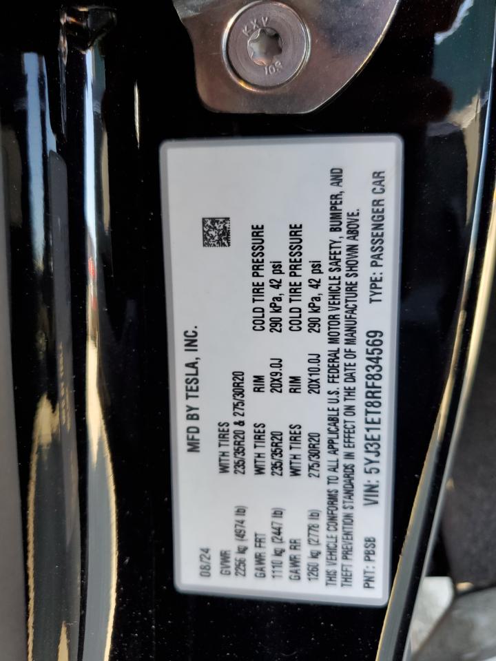 2024 TESLA MODEL 3 VIN:5YJ3E1ET8RF834569