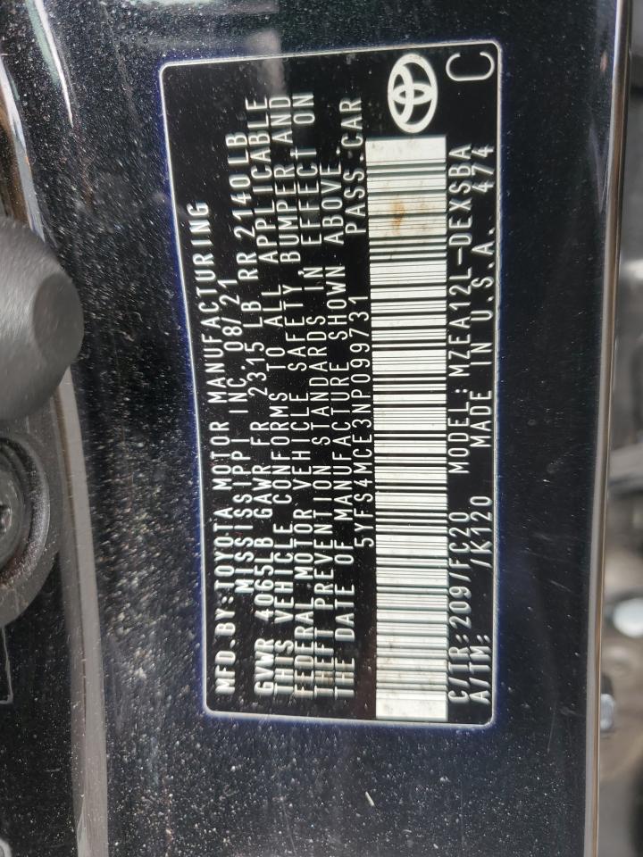 2022 TOYOTA COROLLA SE VIN:5YFS4MCE3NP099731