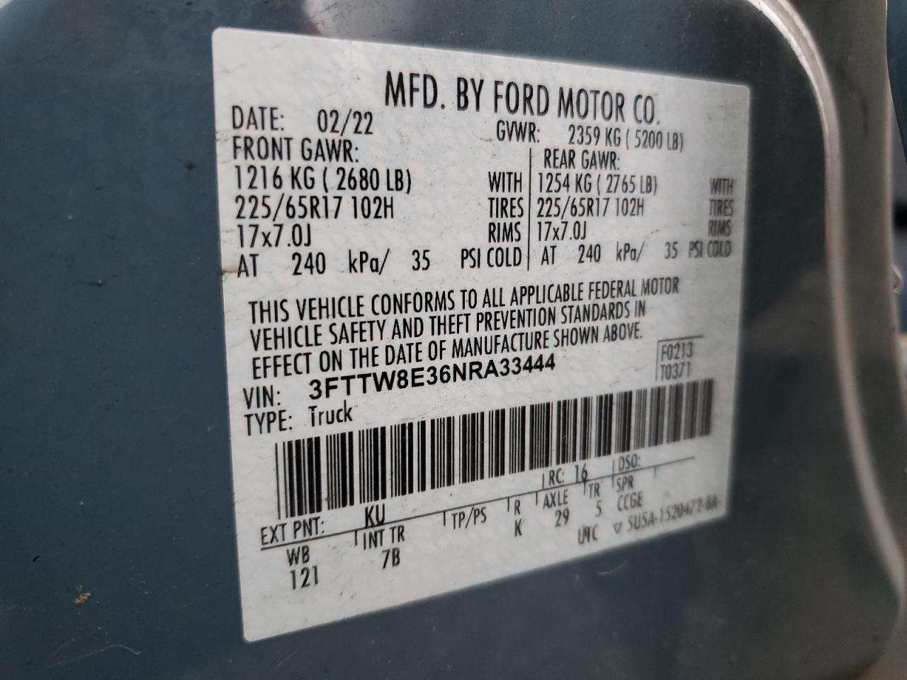 2022 FORD MAVERICK XL VIN:5N1AT2MV8FC776697