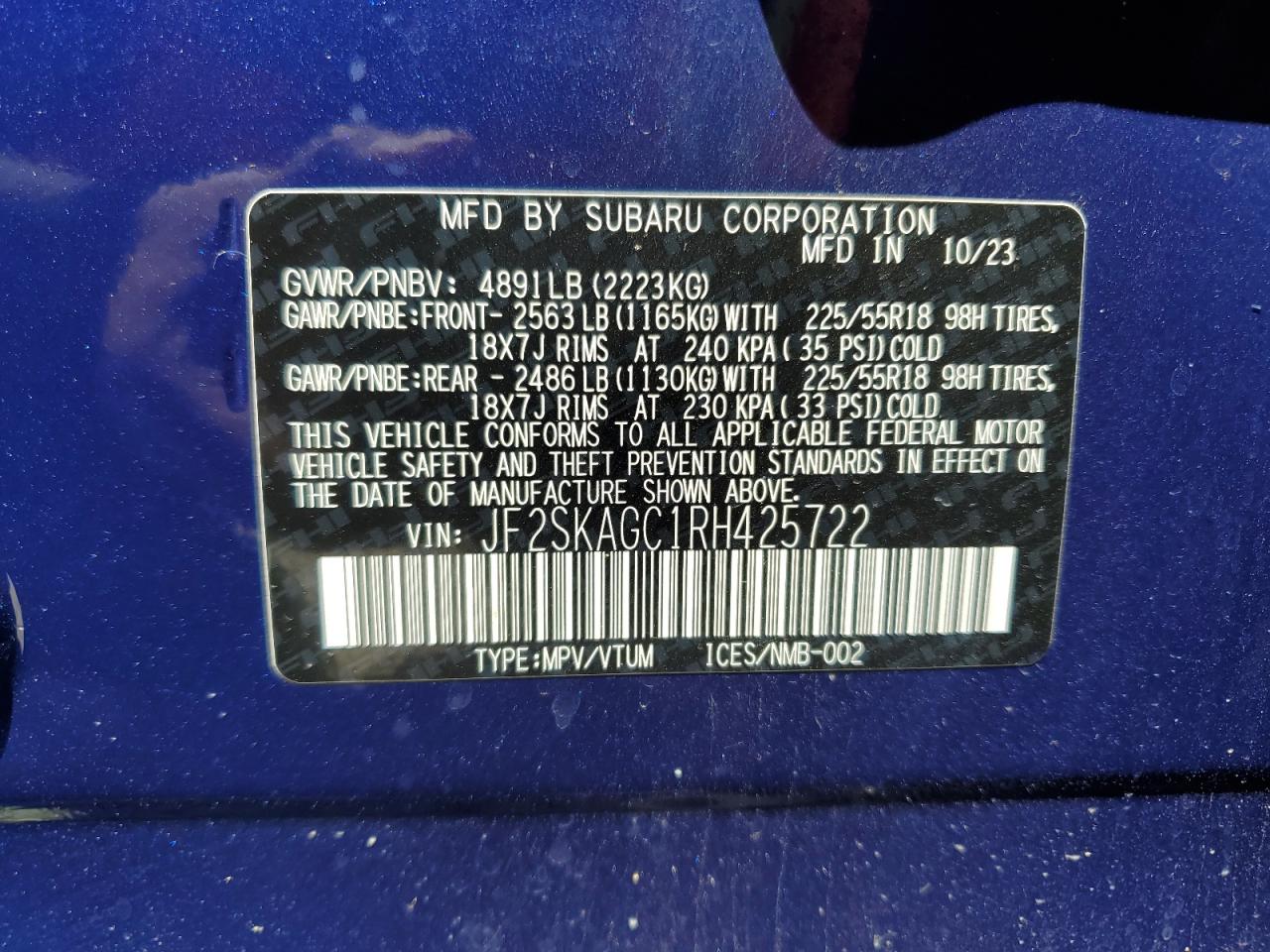 2024 SUBARU FORESTER SPORT VIN:JF2SKAGC1RH425722