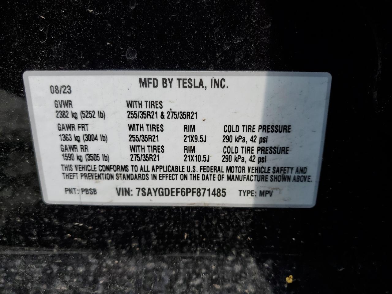 2023 TESLA MODEL Y VIN:7SAYGDEF6PF871485