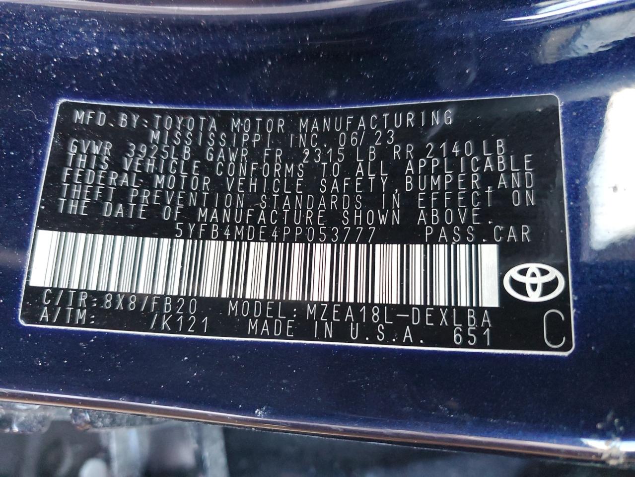 2023 TOYOTA COROLLA LE VIN:5YFB4MDE4PP053777
