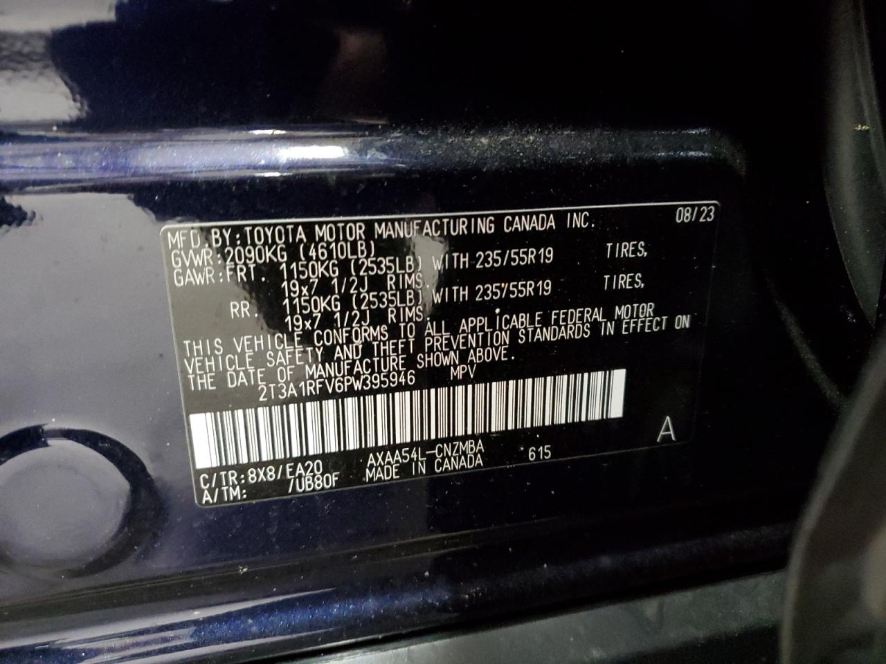 2023 TOYOTA RAV4 XLE PREMIUM VIN:2T3A1RFV6PW395946