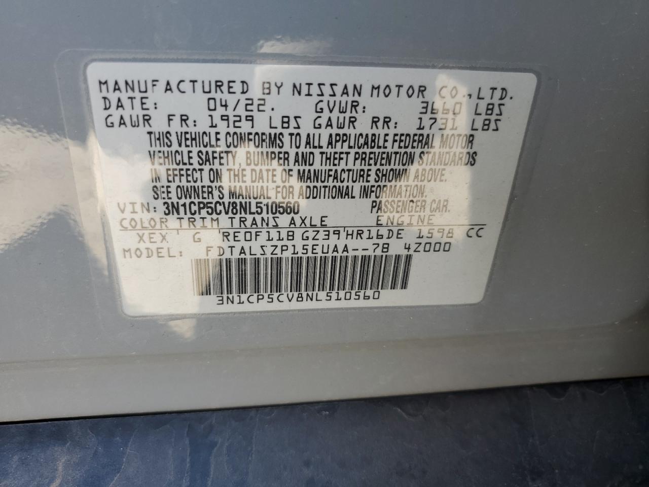 2022 NISSAN KICKS SV VIN:3N1CP5CV8NL510560