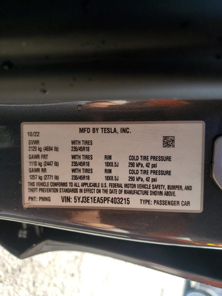 2023 TESLA MODEL 3 VIN:5YJ3E1EA5PF403215