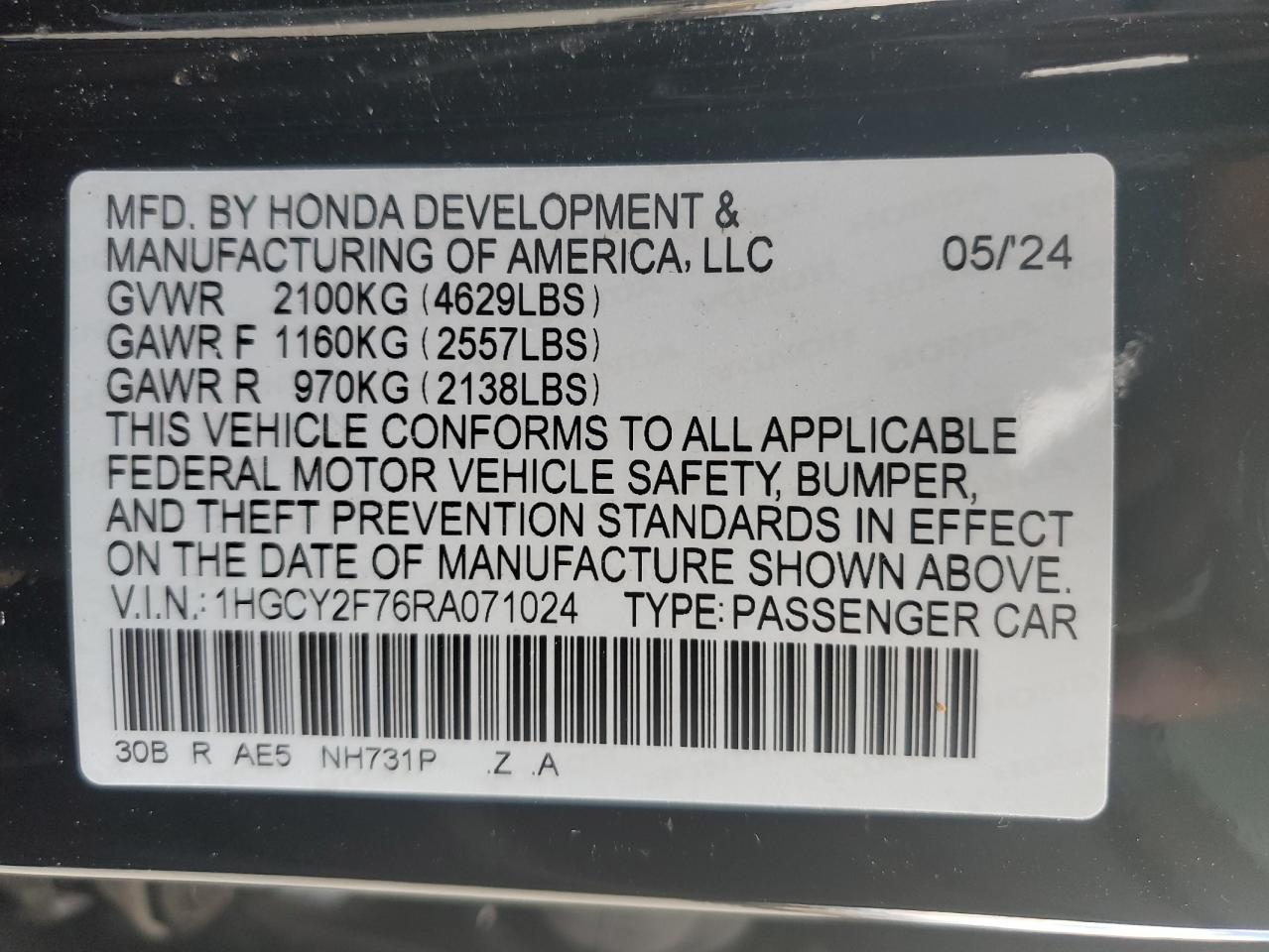 2024 HONDA ACCORD HYBRID SPORT-L VIN:1HGCY2F76RA071024
