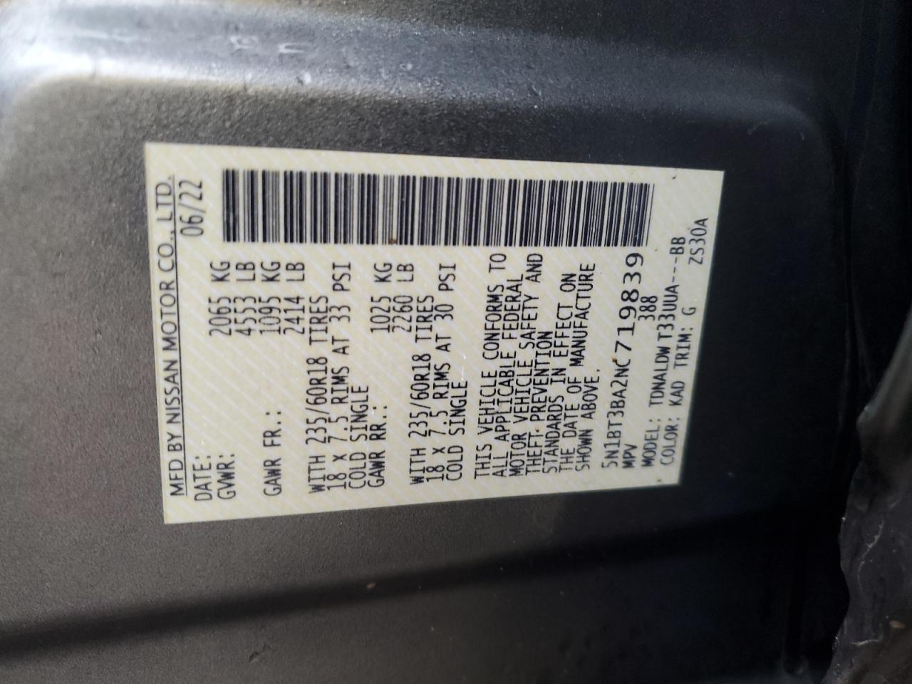 2022 NISSAN ROGUE SV VIN:5N1BT3BA2NC719839