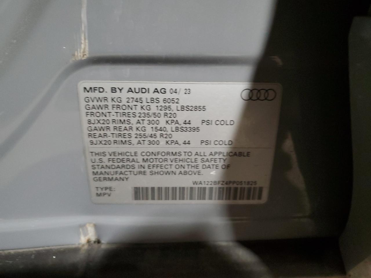 2023 AUDI Q4 E-TRON SPORTBACK PREMIUM VIN:WA122BFZ4PP051825