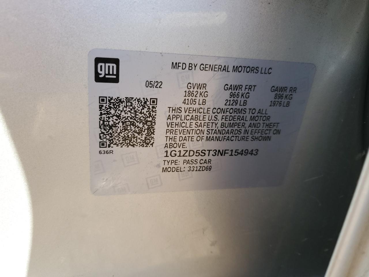 2022 CHEVROLET MALIBU LT VIN:1G1ZD5ST3NF154943